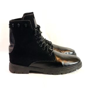 Skull Embellished Side Zip/Tie Black Combat Boots